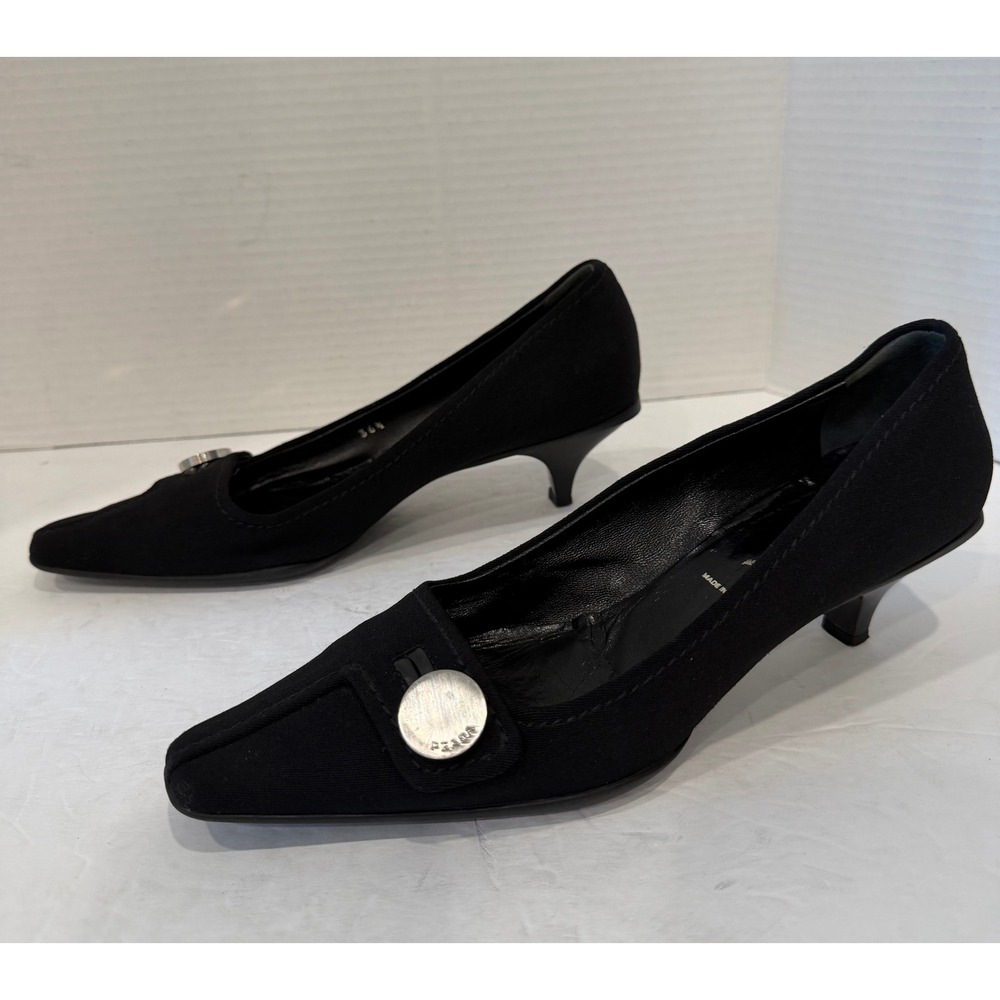 Prada‎ Pumps Black Suede Square Toe Kitten Heel Silver Button Sz 6.5